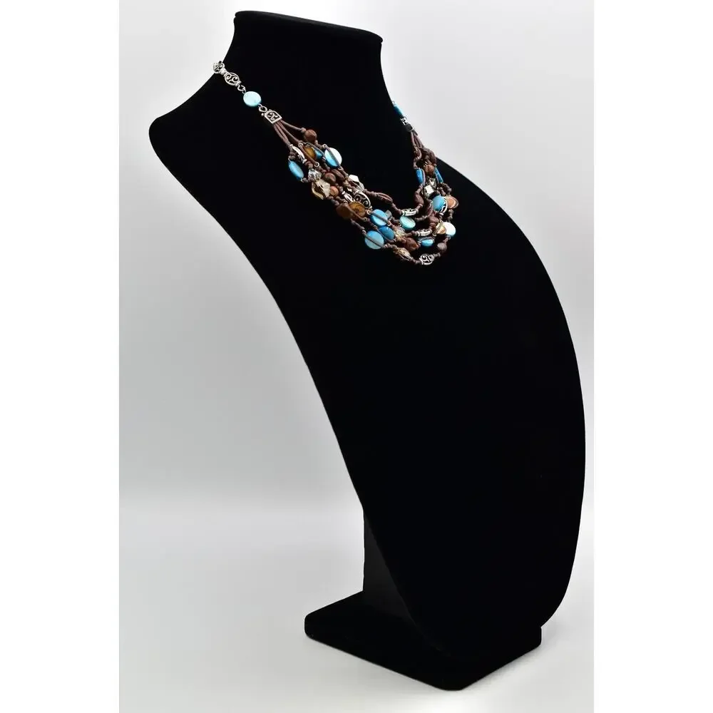 Brighton Blue Shell Beaded Collar Necklace Silver Crystal Wood Layered BinBJ